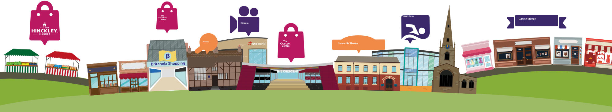 A graphic of a range of Hinckley shops, venues and businesses